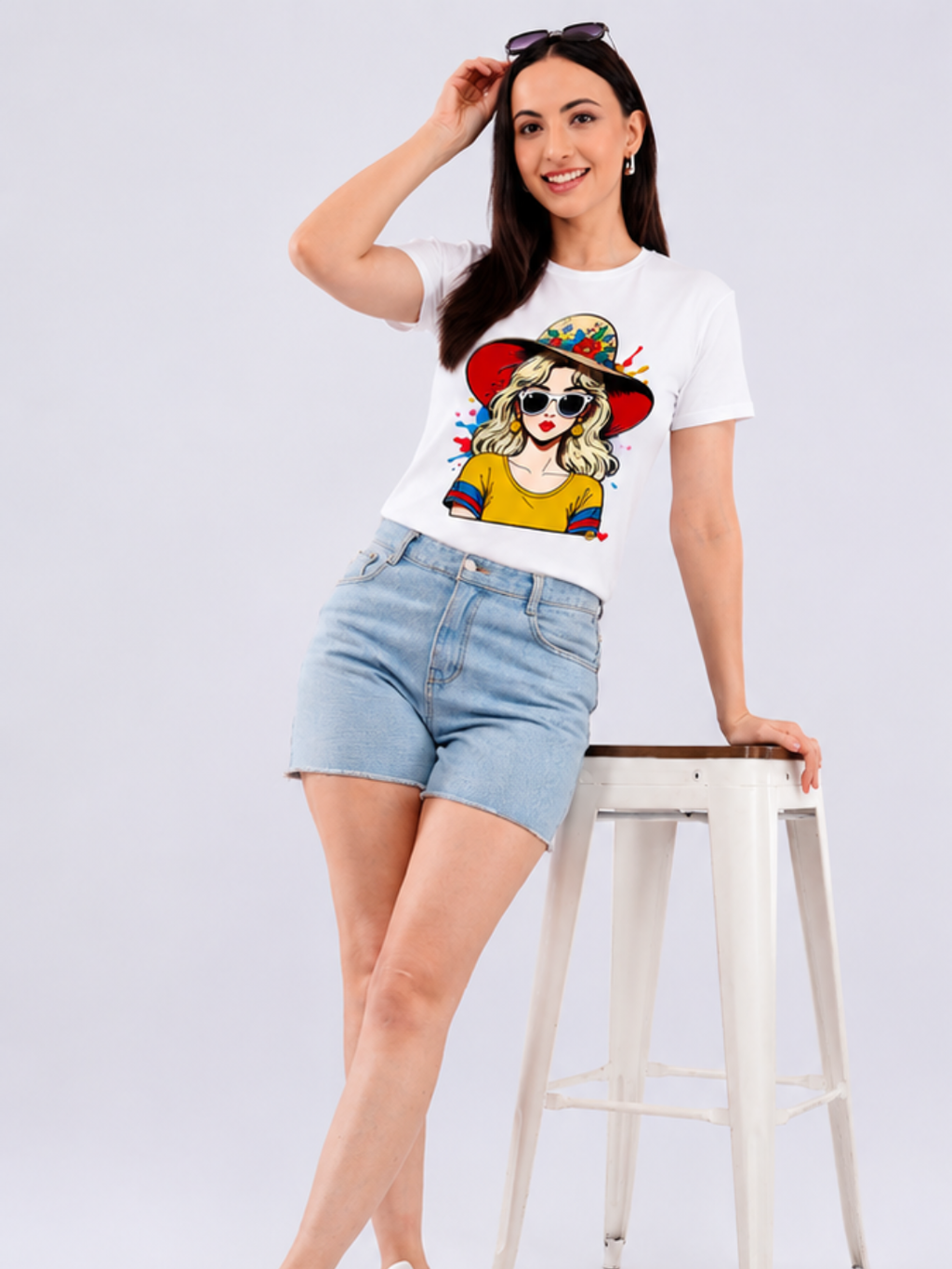 White women's graphic t-shirt featuring a stylish girl wearing sunglasses and a colorful summer hat illustration.