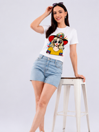 White women's graphic t-shirt featuring a stylish girl wearing sunglasses and a colorful summer hat illustration.