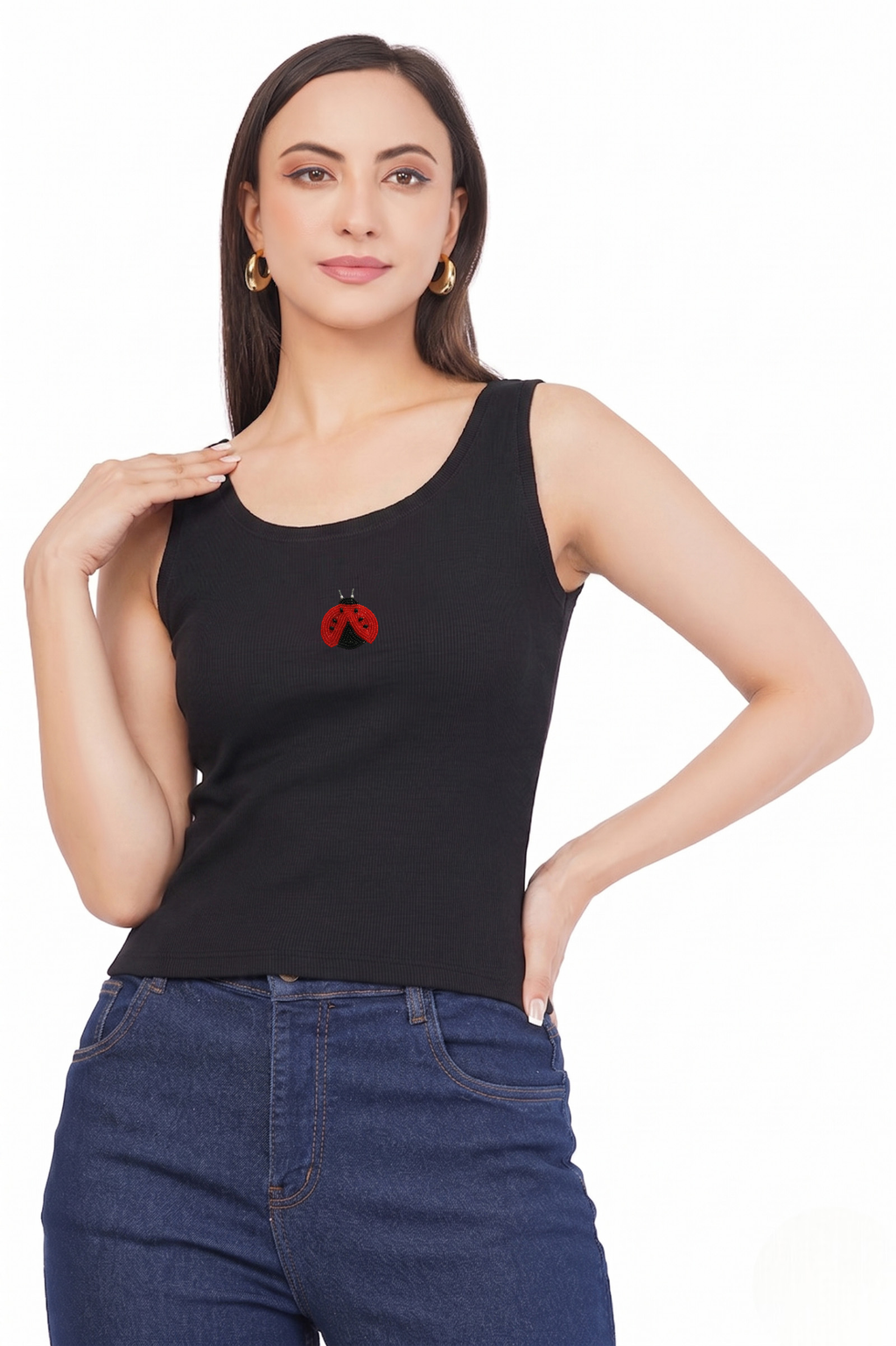 Women's Black Ladybug Beadwork Sleeveless Tank To
