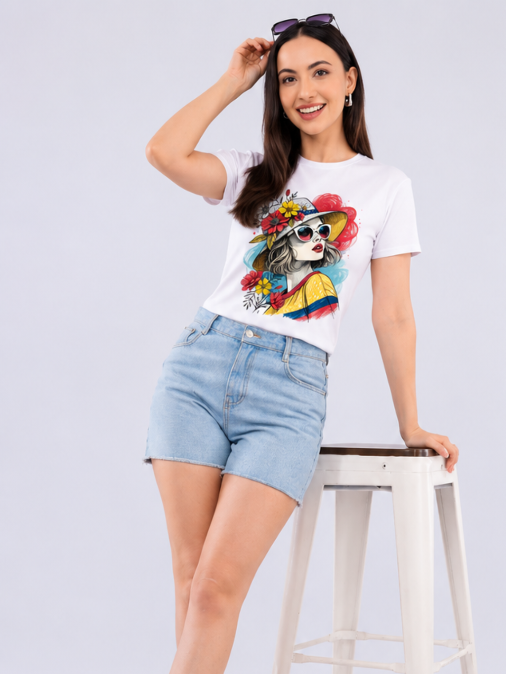 Woman wearing a white t-shirt with a colorful graphic design and denim shorts on a light gray background