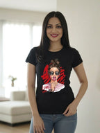 Black women's graphic t-shirt featuring a stylish girl illustration with sunglasses and "Love Who You Are" statement artwork.