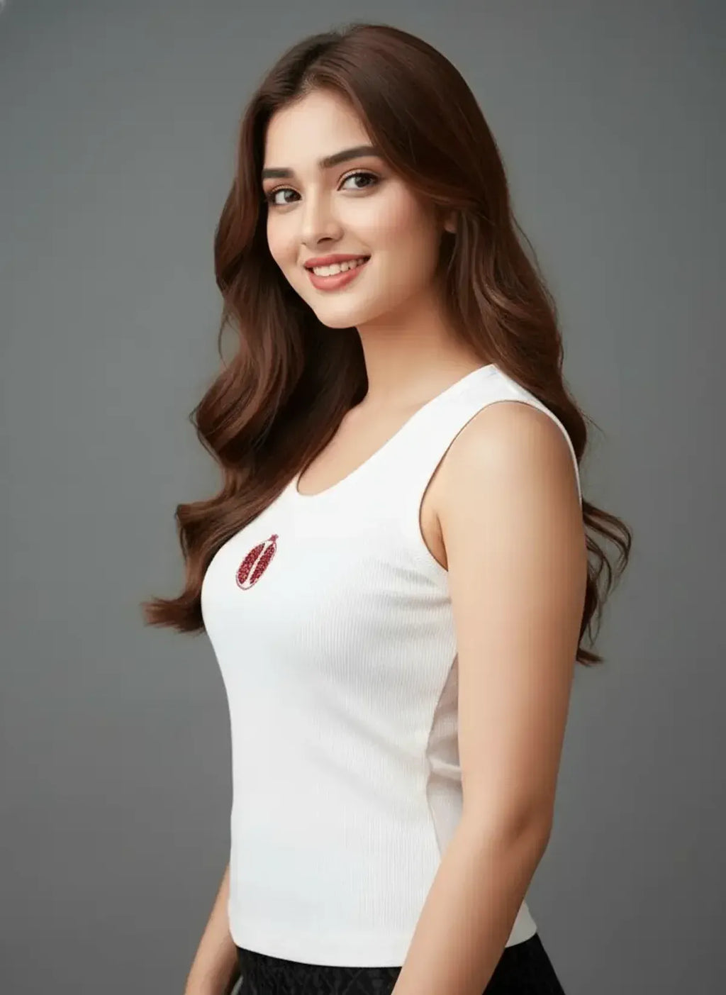 White Cotton Pomegranate Beaded Rib Tank Top for Women
