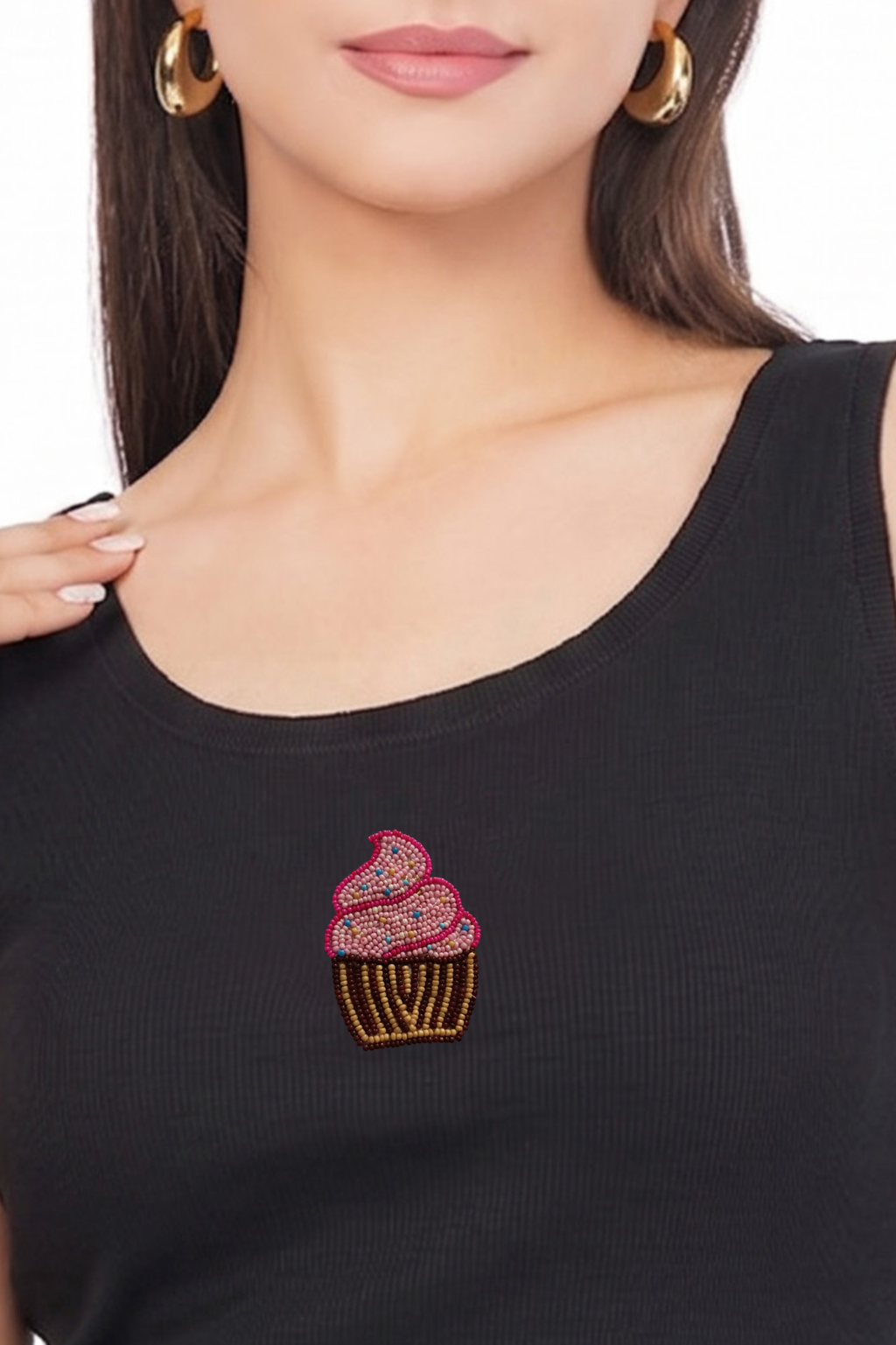 Women's Black Cupcake Beadwork Sleeveless Tank Top