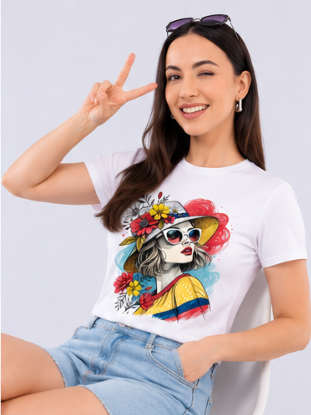 White Floral Summer Girl Graphic Printed Cotton T-Shirt for Women CherryPop