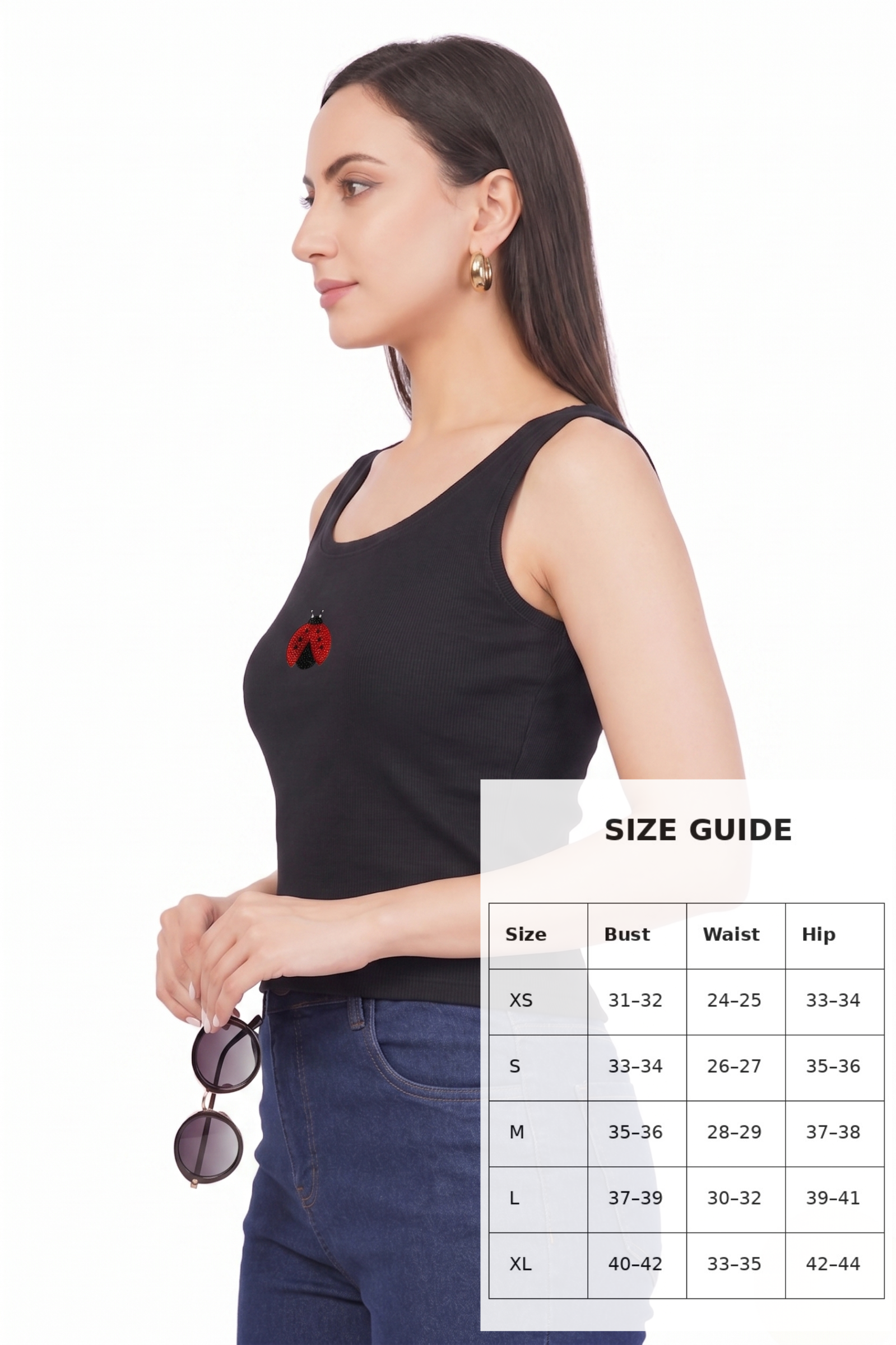 Women's Black Ladybug Beadwork Sleeveless Tank To