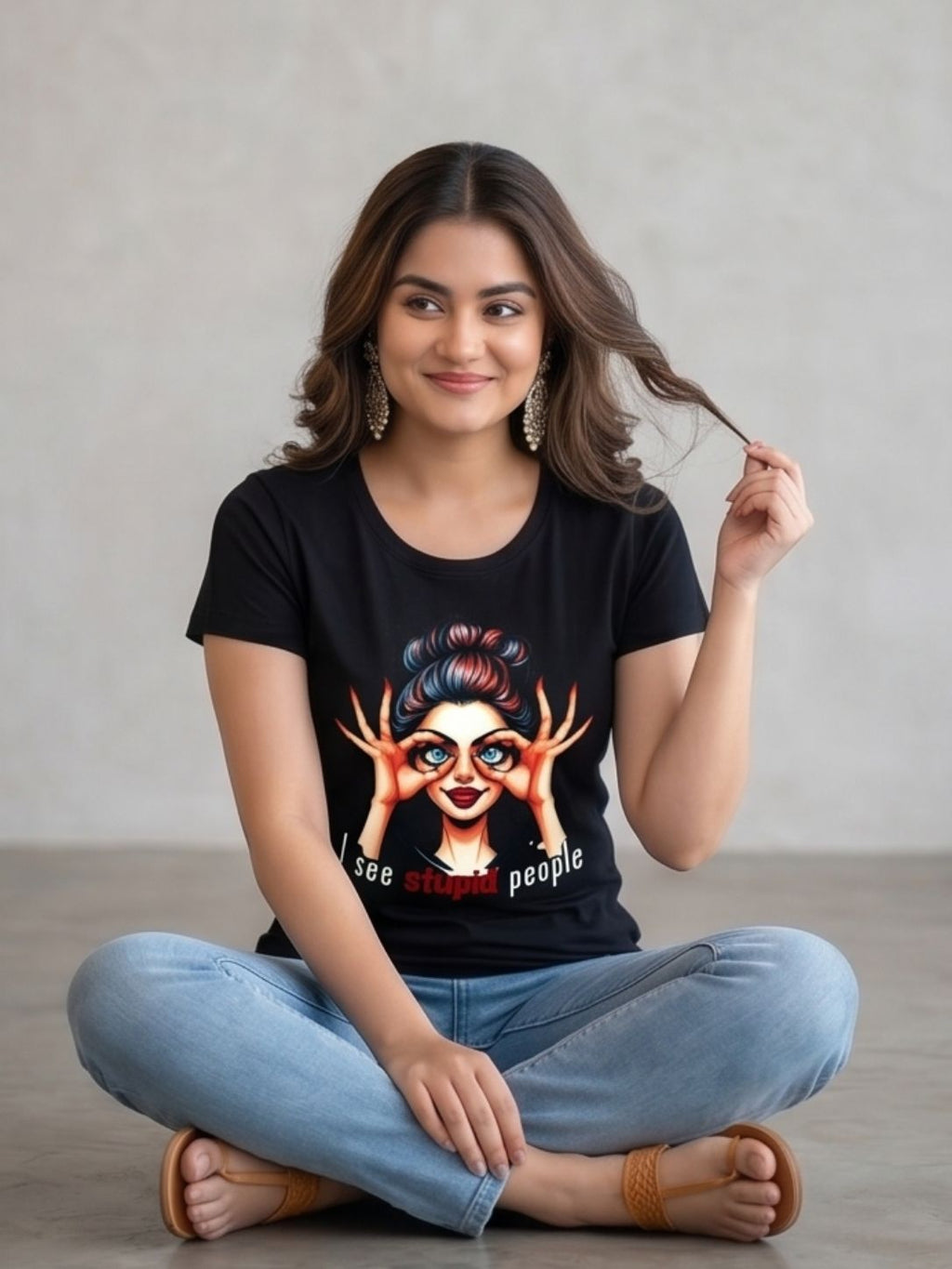 Black "I See Stupid People" Graphic Printed Cotton T-Shirt for Women CherryPop