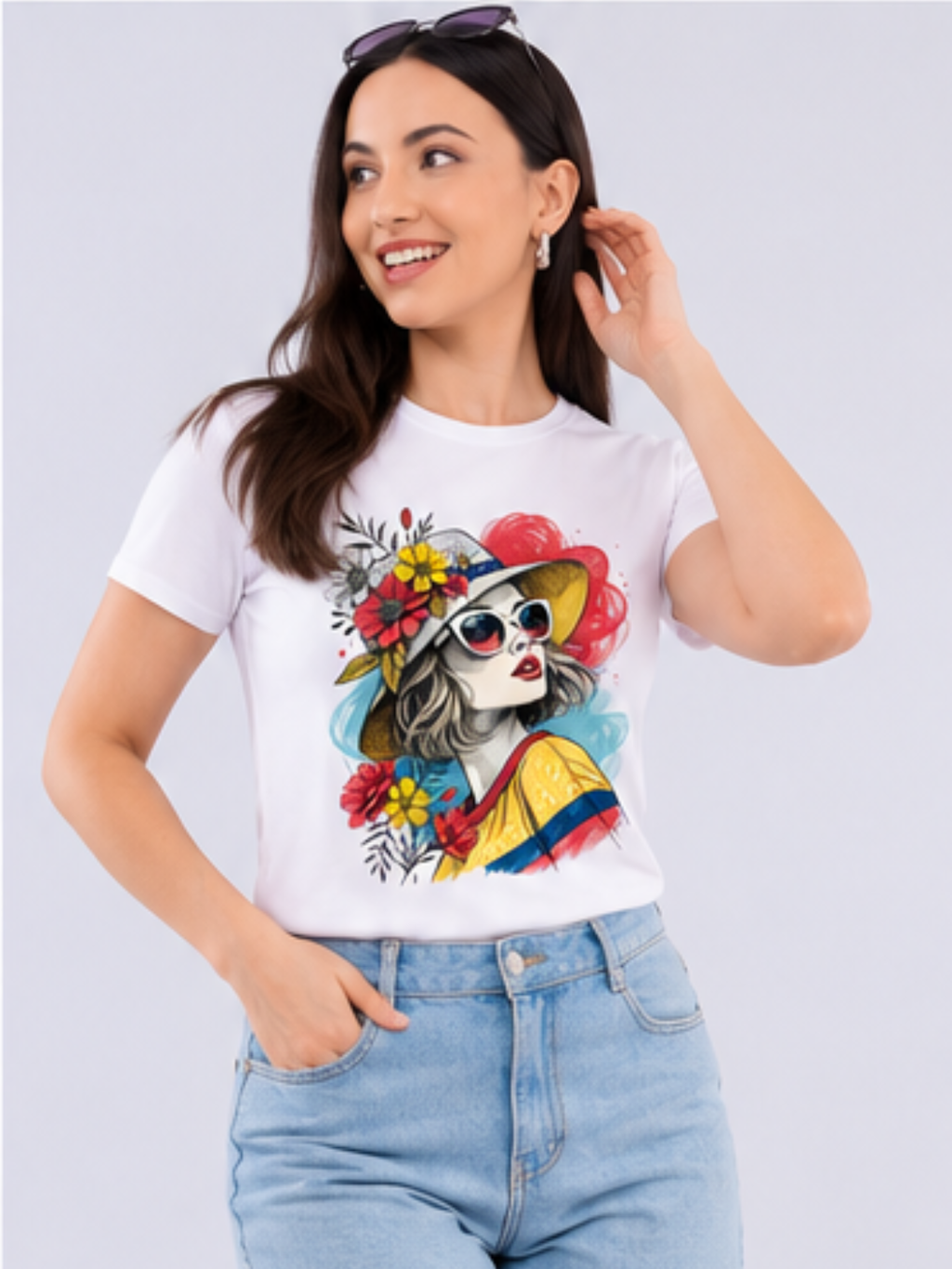 White Floral Summer Girl Graphic Printed Cotton T-Shirt for Women CherryPop