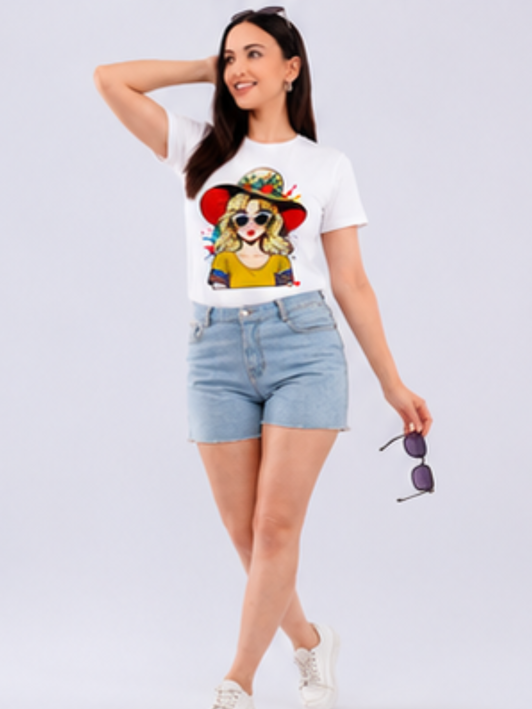 White Summer Chic Girl Graphic Printed Cotton T-Shirt for Women CherryPop