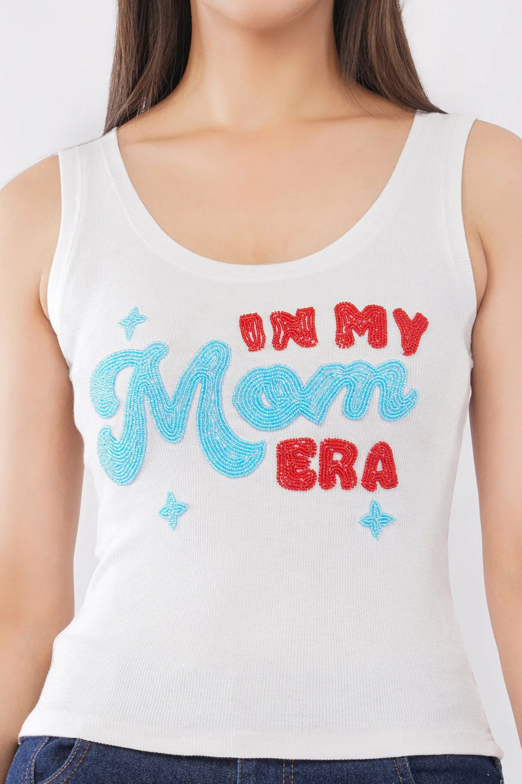 In My Mom Era Beaded Embroidery Sleeveless Tank Top