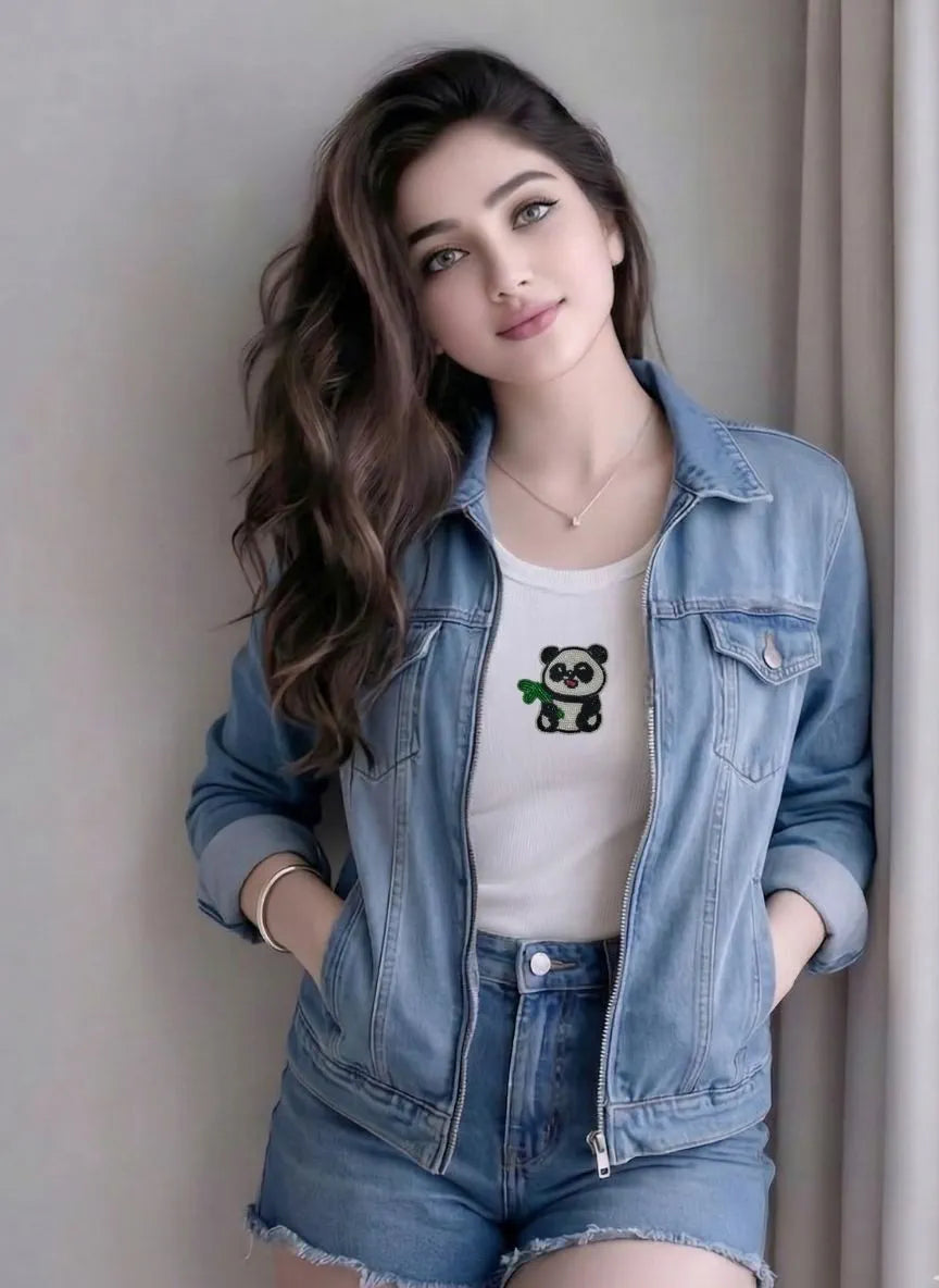 Woman wearing a denim jacket and shorts with a white top featuring a panda design.