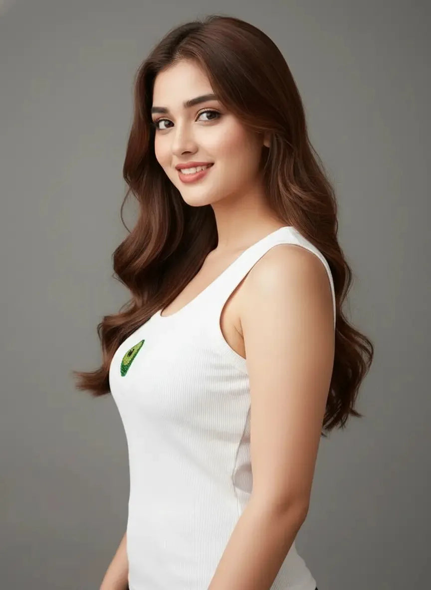 Women's Avocado Beadwork Sleeveless Rib Tank Top
