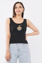 Women's black cotton rib tank top featuring a hand-beaded noodle bowl motif by CherryPop.