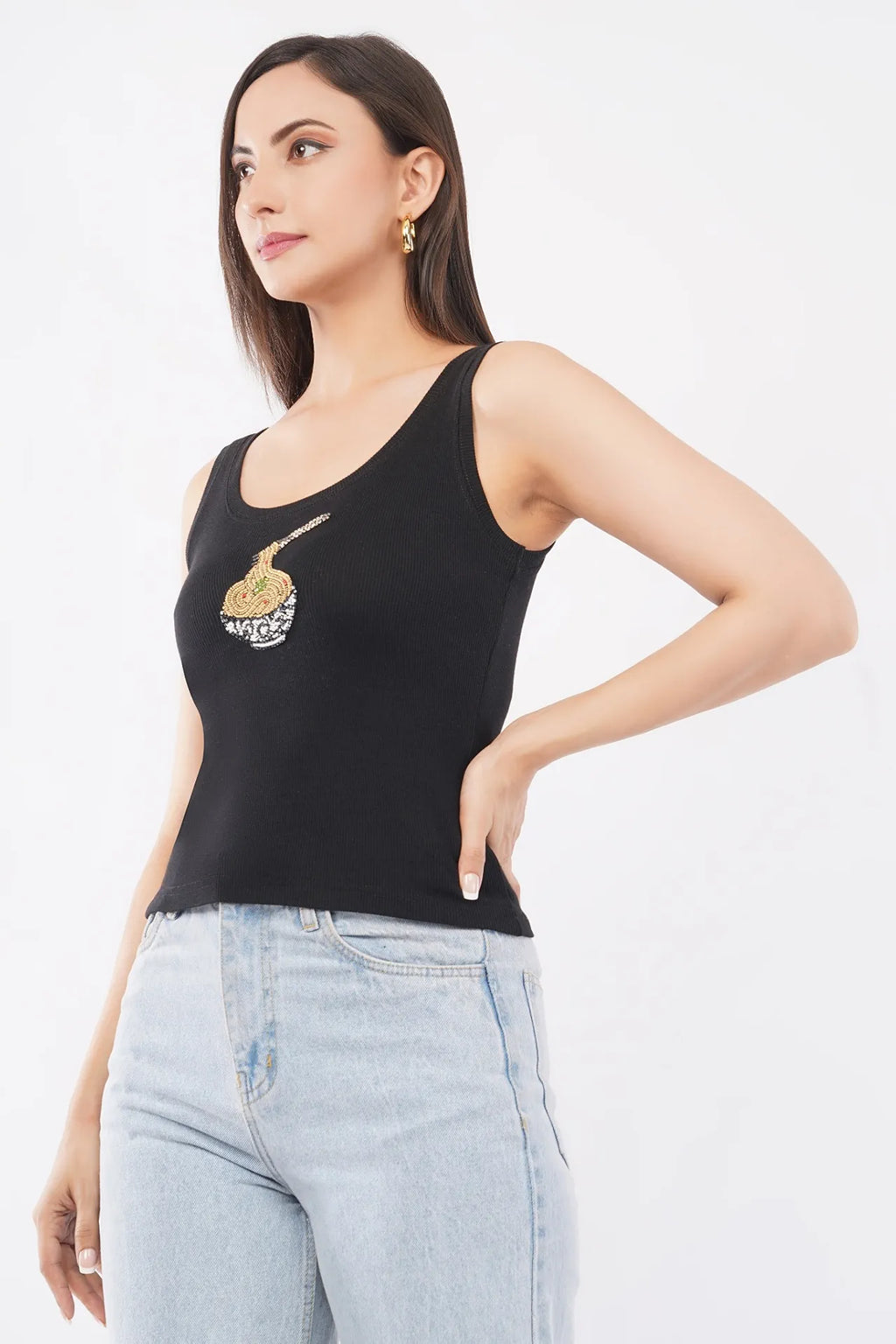 Women's black cotton rib tank top featuring a hand-beaded noodle bowl motif by CherryPop.