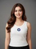 Women's cotton ribbed tank top featuring a handcrafted red lips beaded motif by CherryPop.