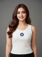 Women's cotton ribbed tank top featuring a handcrafted red lips beaded motif by CherryPop.