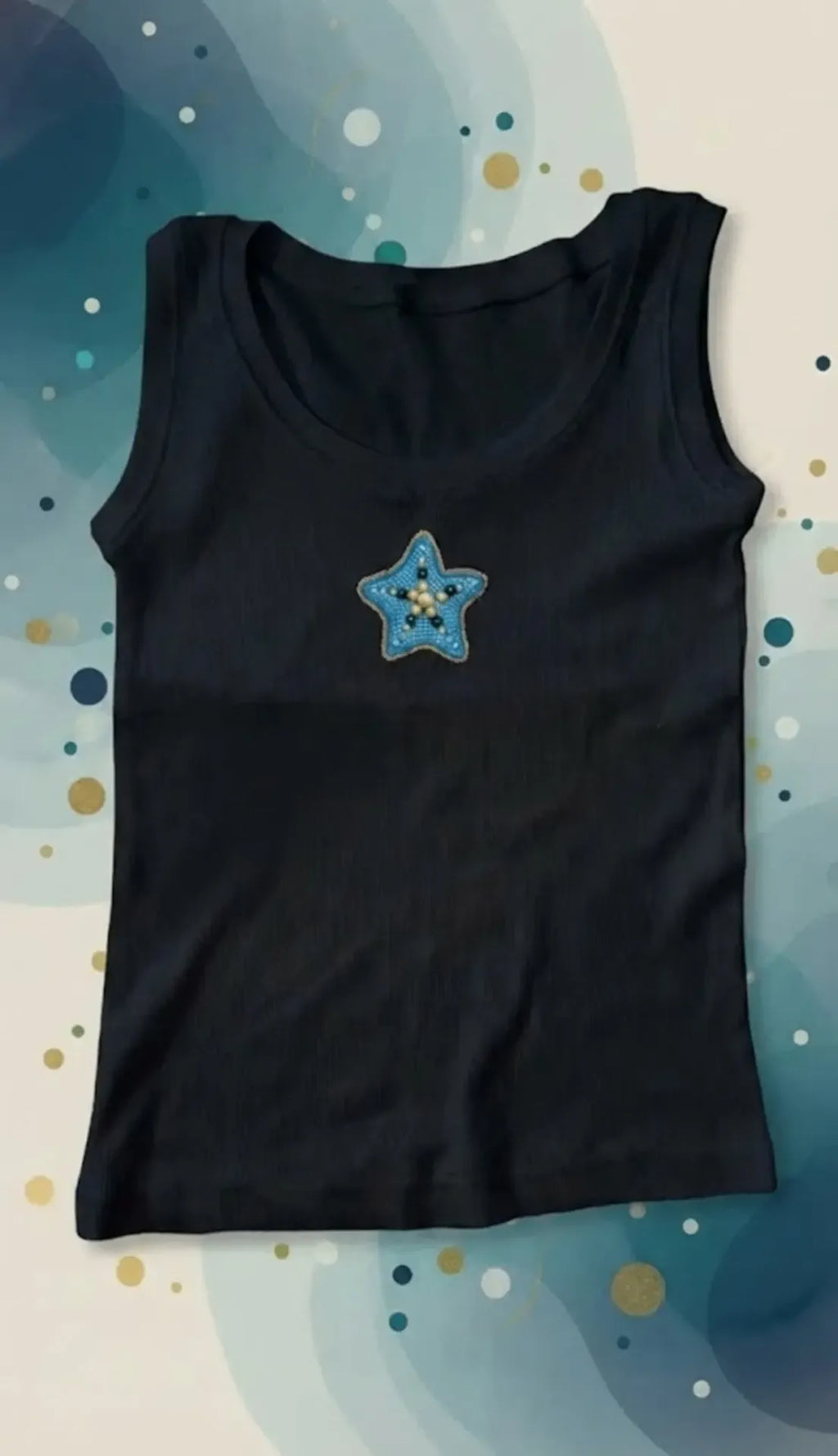 Black Cotton Celestial Star Beaded Rib Tank Top for Women