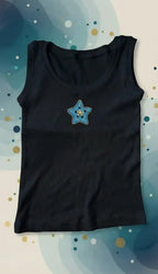 Black Cotton Celestial Star Beaded Rib Tank Top for Women
