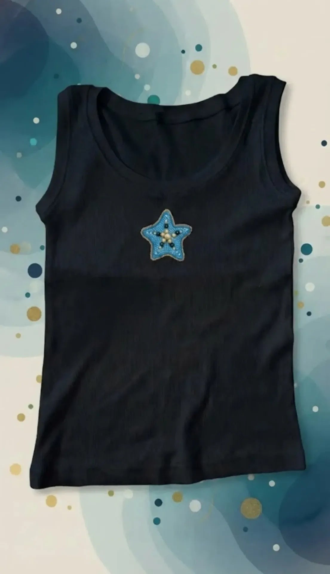 Black Cotton Celestial Star Beaded Rib Tank Top for Women