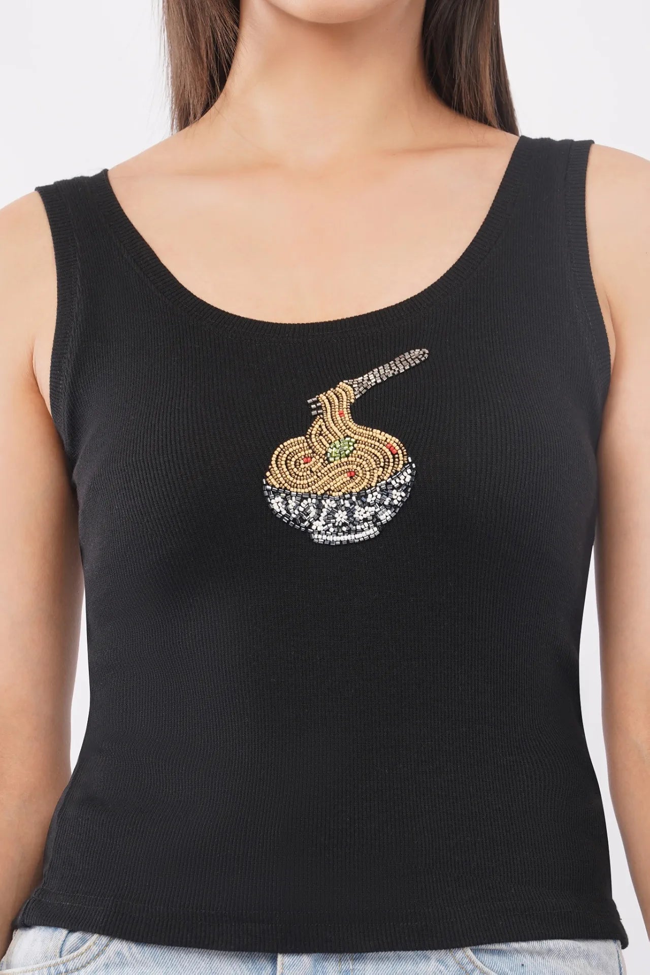 Women's black cotton rib tank top featuring a hand-beaded noodle bowl motif by CherryPop.