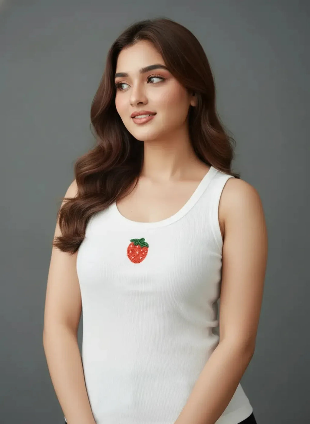 White Cotton Strawberry Hand Beaded Rib Tank Top for Women