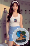 Women's cotton ribbed scoop neck tank top featuring a handcrafted beaded girl motif by CherryPop.