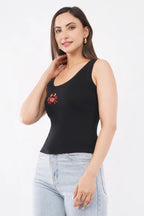 Black Cotton Beaded Crab Sleeveless Ribbed Party Tank Top For Women