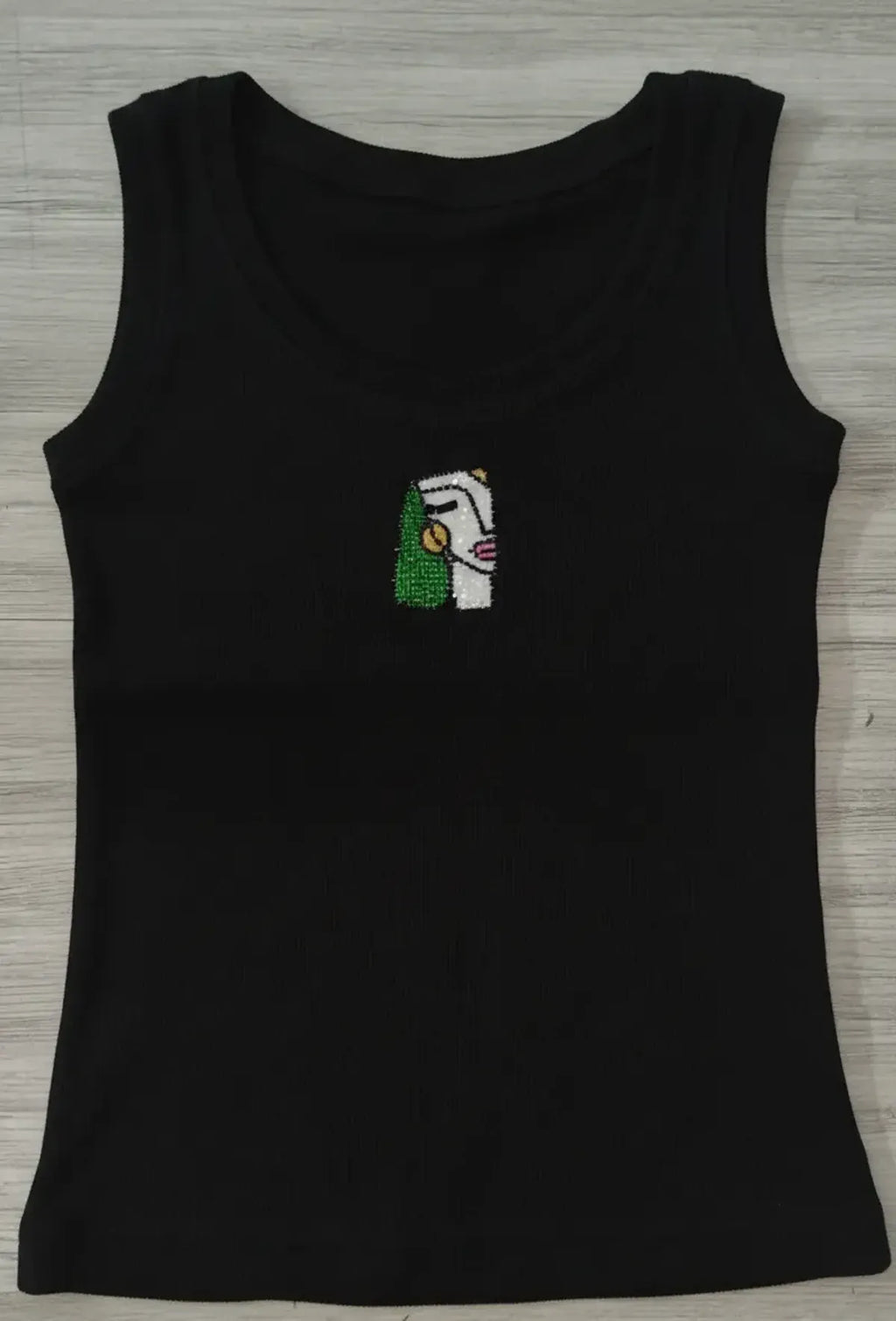 Women's Black Rib Tank with Artisan Beaded Artwork