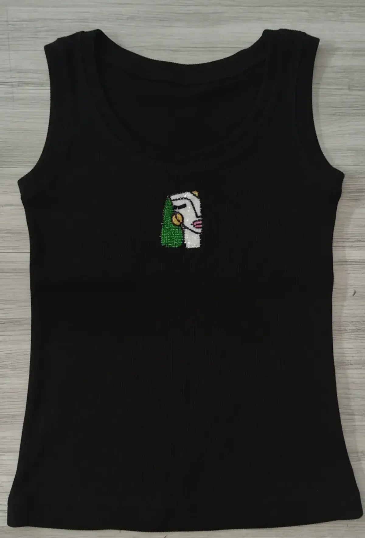 Women's Black Rib Tank with Artisan Beaded Artwork