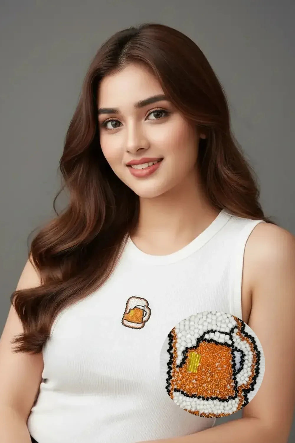 Women's White Rib Tank with Beer Mug Beadwork