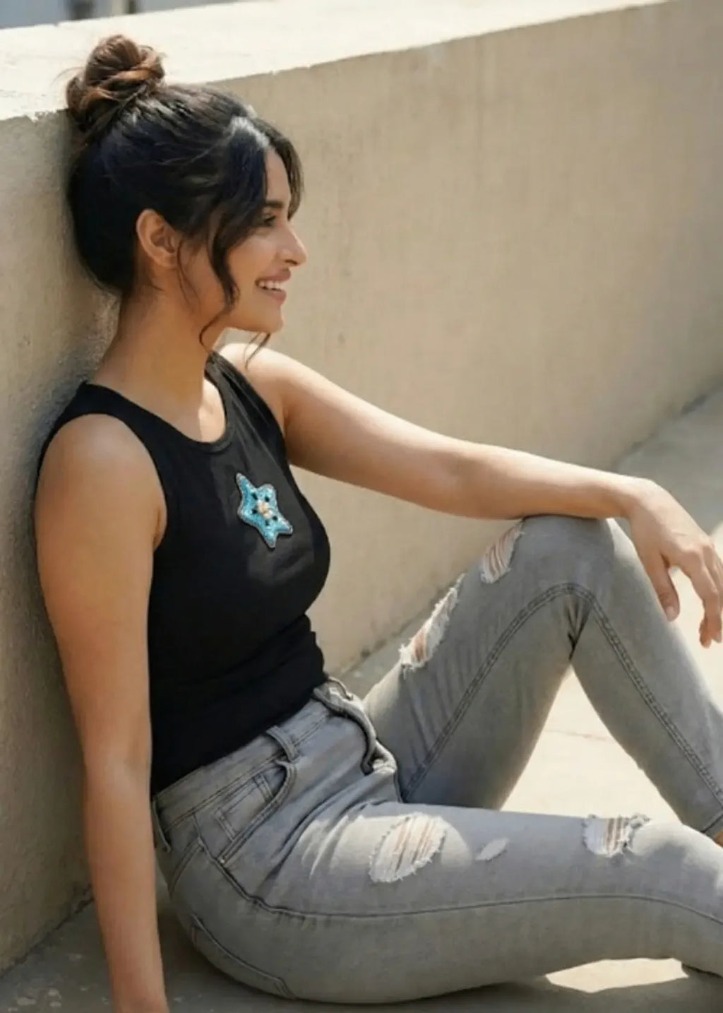 Black Cotton Celestial Star Beaded Rib Tank Top for Women