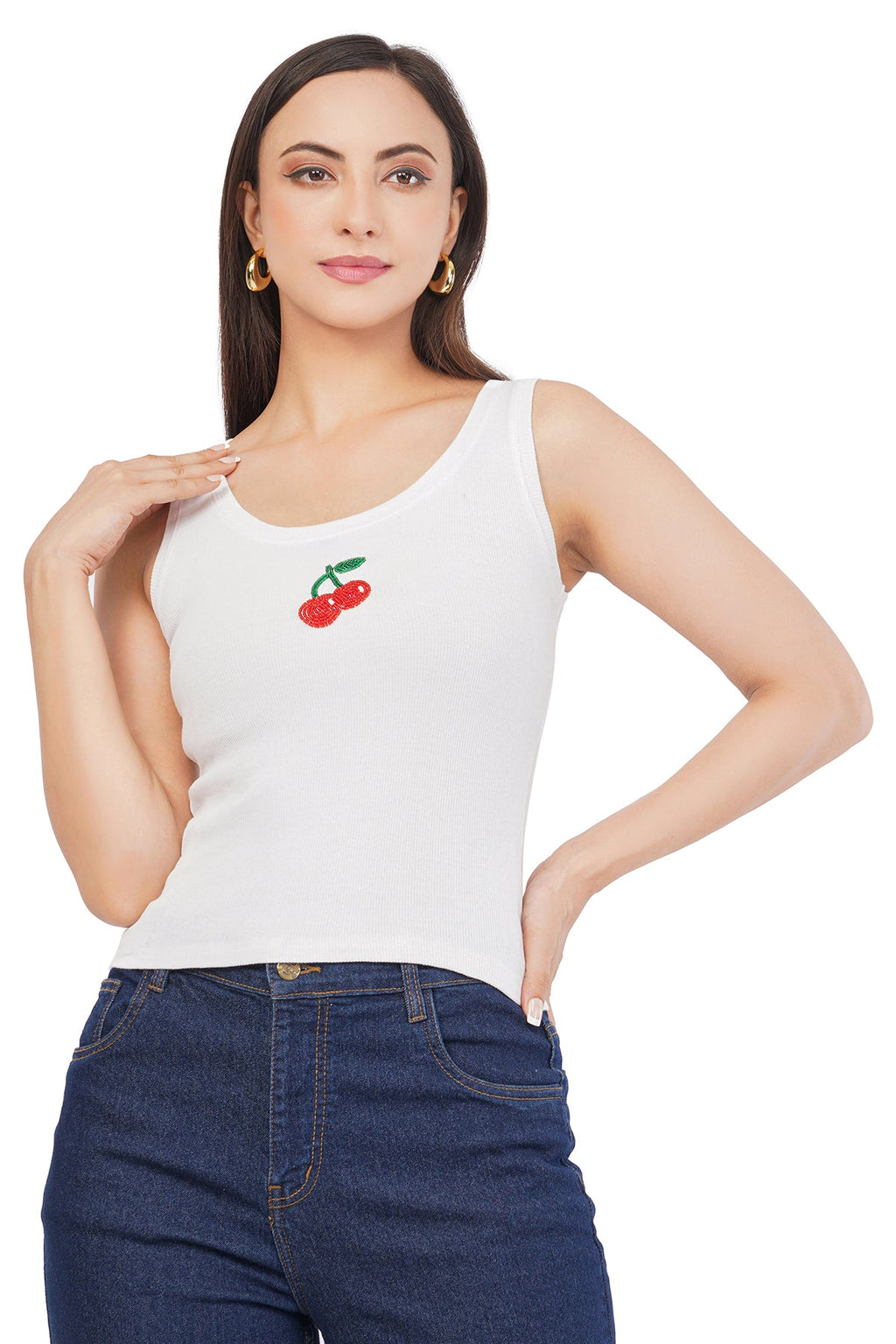 Women's white cotton ribbed tank top featuring a handcrafted cherry beaded motif by CherryPop.