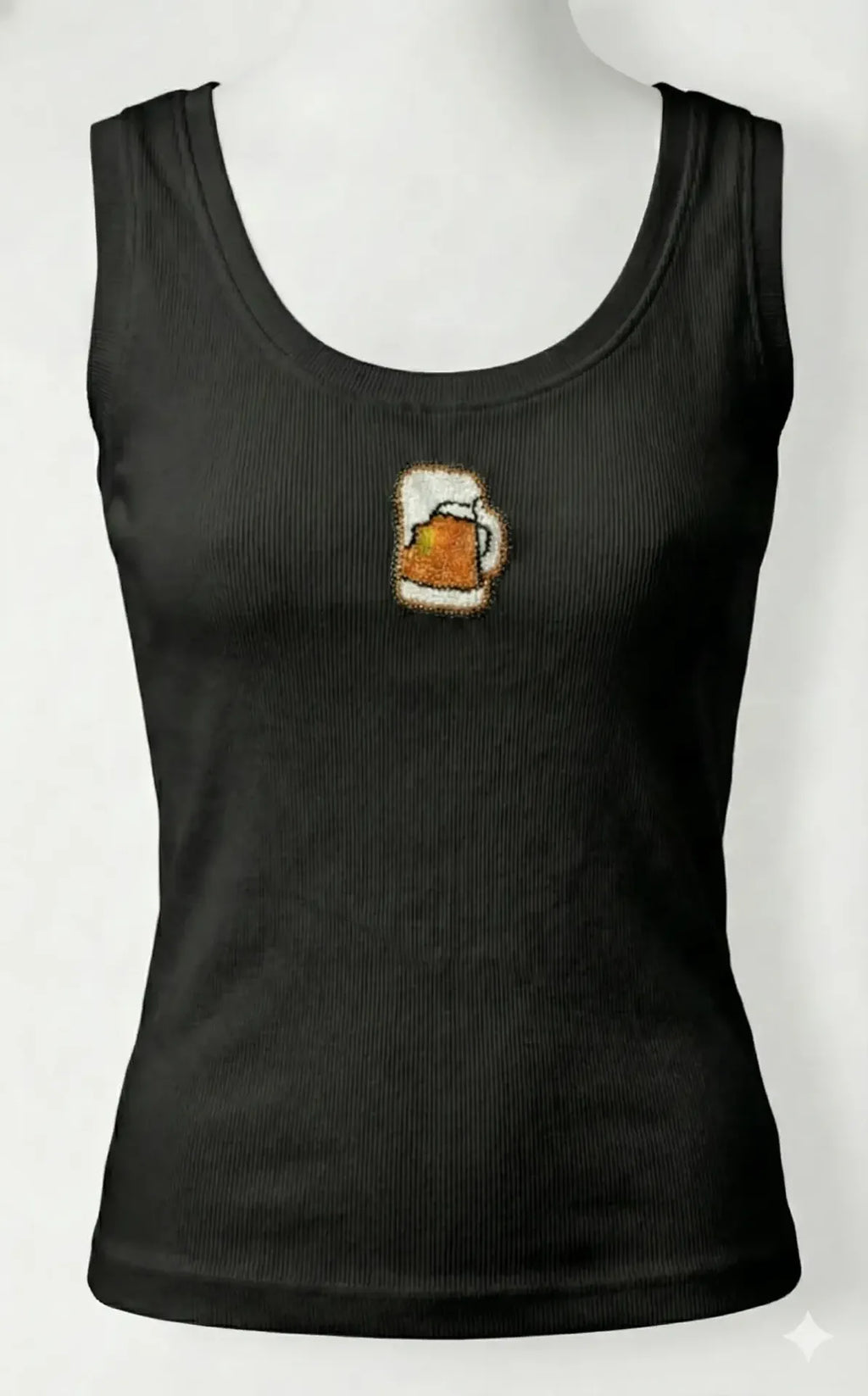 CherryPop Beer Mug Hand-Beaded Rib Tank Top for Women – Black Cotton