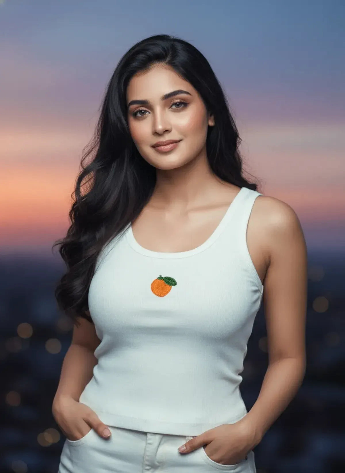 Women's white cotton ribbed tank top featuring a handcrafted orange blossom beaded motif by CherryPop.