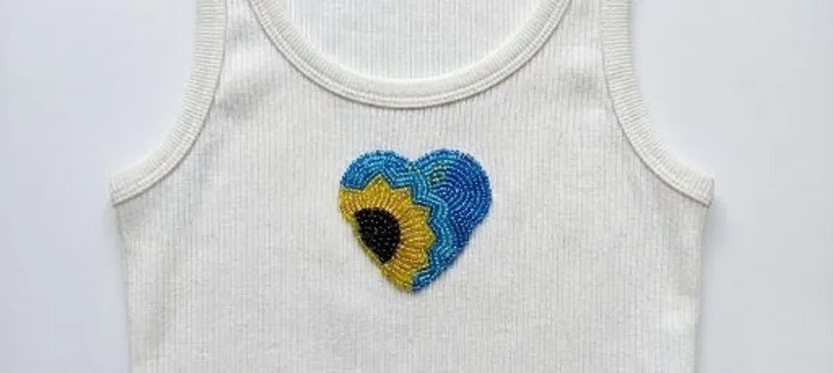 Women's White Rib Tank with Sunflower Heart Beadwork