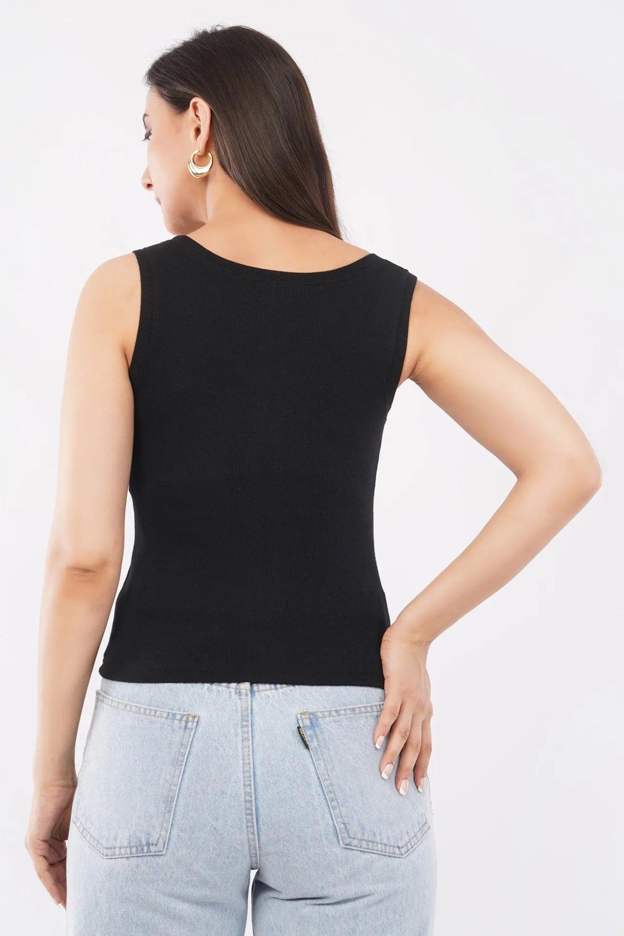 Black Cotton Beaded Crab Sleeveless Ribbed Party Tank Top For Women