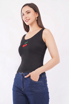 Women's black cotton ribbed tank top featuring CherryPop's signature handcrafted cherry beaded motif.
