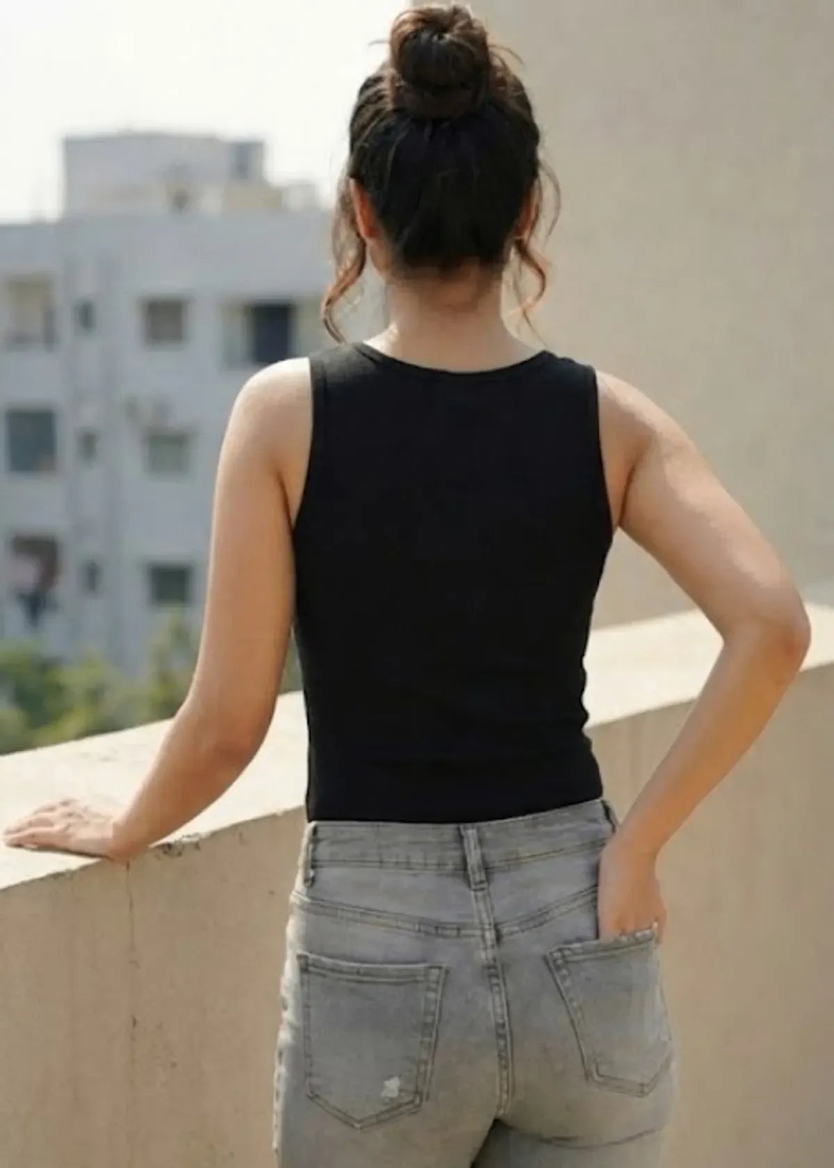 Black Cotton Celestial Star Beaded Rib Tank Top for Women