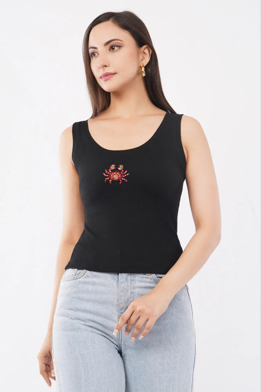 Black Cotton Beaded Crab Sleeveless Ribbed Party Tank Top For Women
