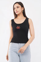 Black Cotton Beaded Crab Sleeveless Ribbed Party Tank Top For Women