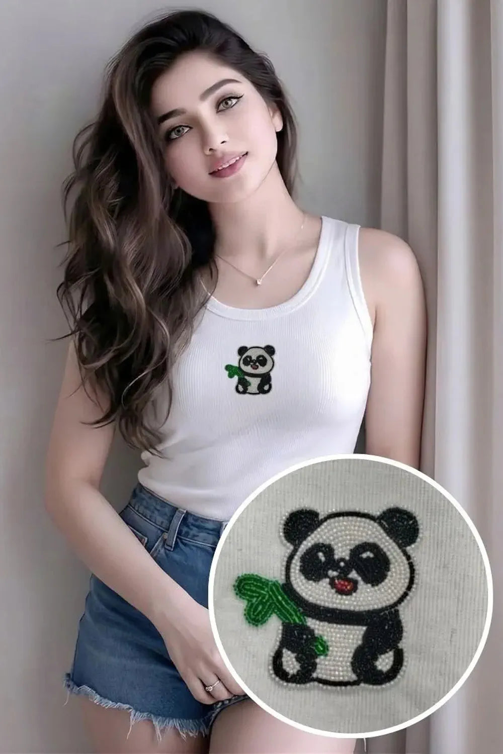 Women's cotton ribbed scoop neck tank top featuring a handcrafted panda beaded motif by CherryPop.