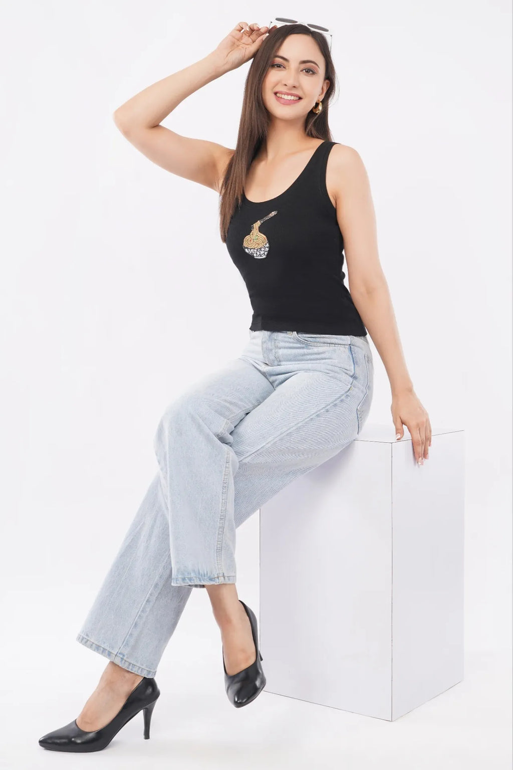 Women's black cotton rib tank top featuring a hand-beaded noodle bowl motif by CherryPop.