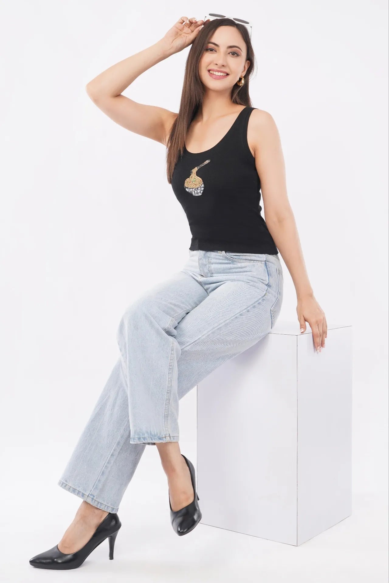 Women's black cotton rib tank top featuring a hand-beaded noodle bowl motif by CherryPop.