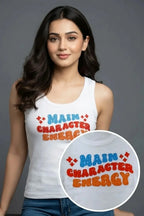 Women's white cotton ribbed tank top featuring a handcrafted beaded "Main Character Energy" statement design by CherryPop.