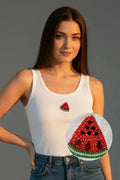 Women's white cotton ribbed tank top featuring a handcrafted watermelon motif by CherryPop.