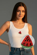 Women's white cotton ribbed tank top featuring a handcrafted watermelon motif by CherryPop.