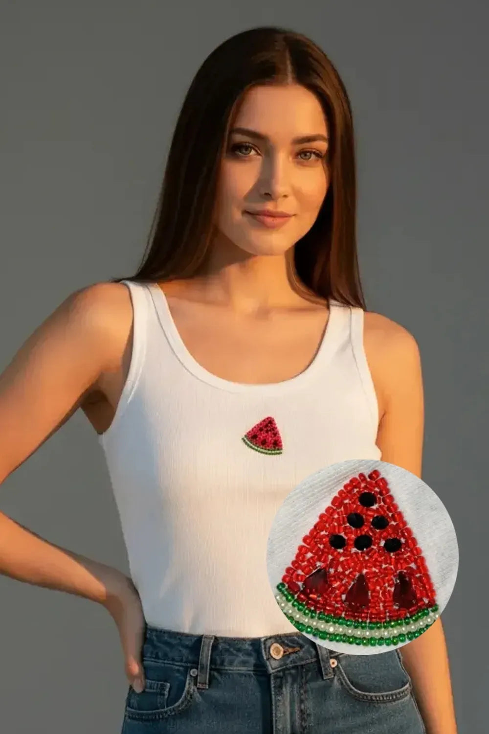 Women's white cotton ribbed tank top featuring a handcrafted watermelon motif by CherryPop.