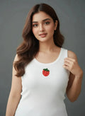 White Cotton Strawberry Hand Beaded Rib Tank Top for Women