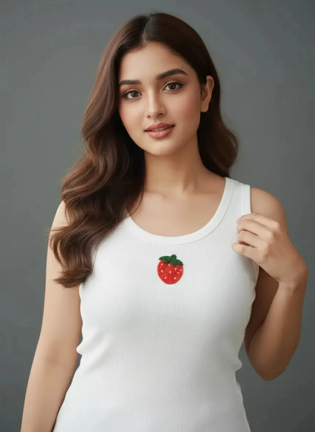White Cotton Strawberry Hand Beaded Rib Tank Top for Women