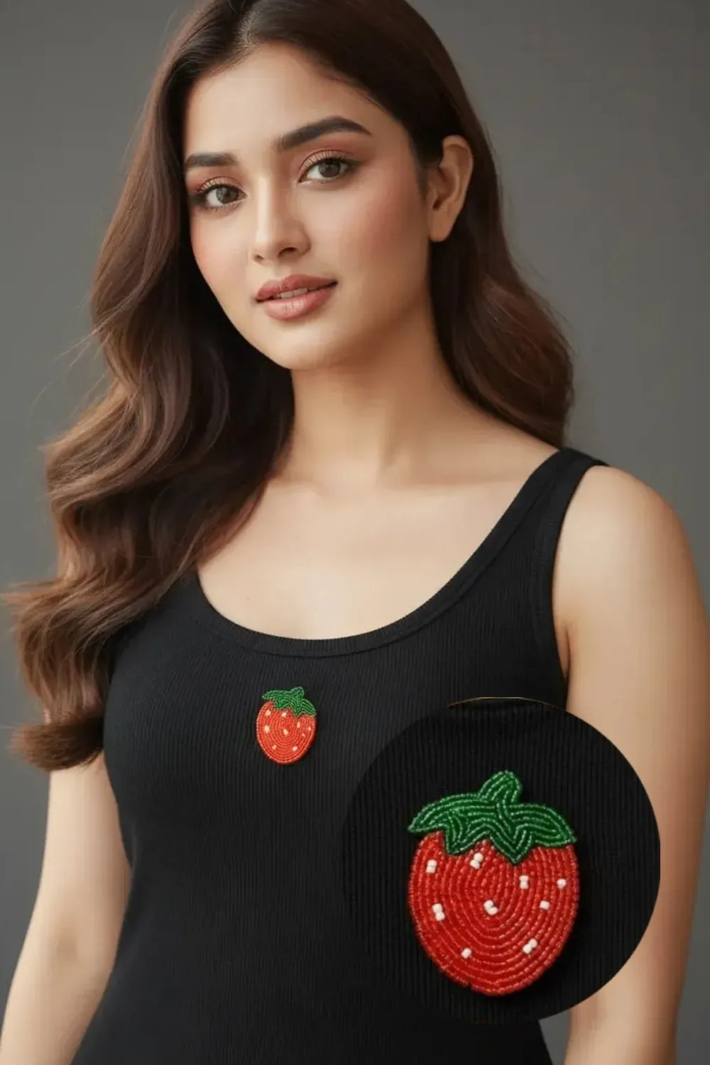 Black Cotton Strawberry Beaded Rib Tank Top for Women