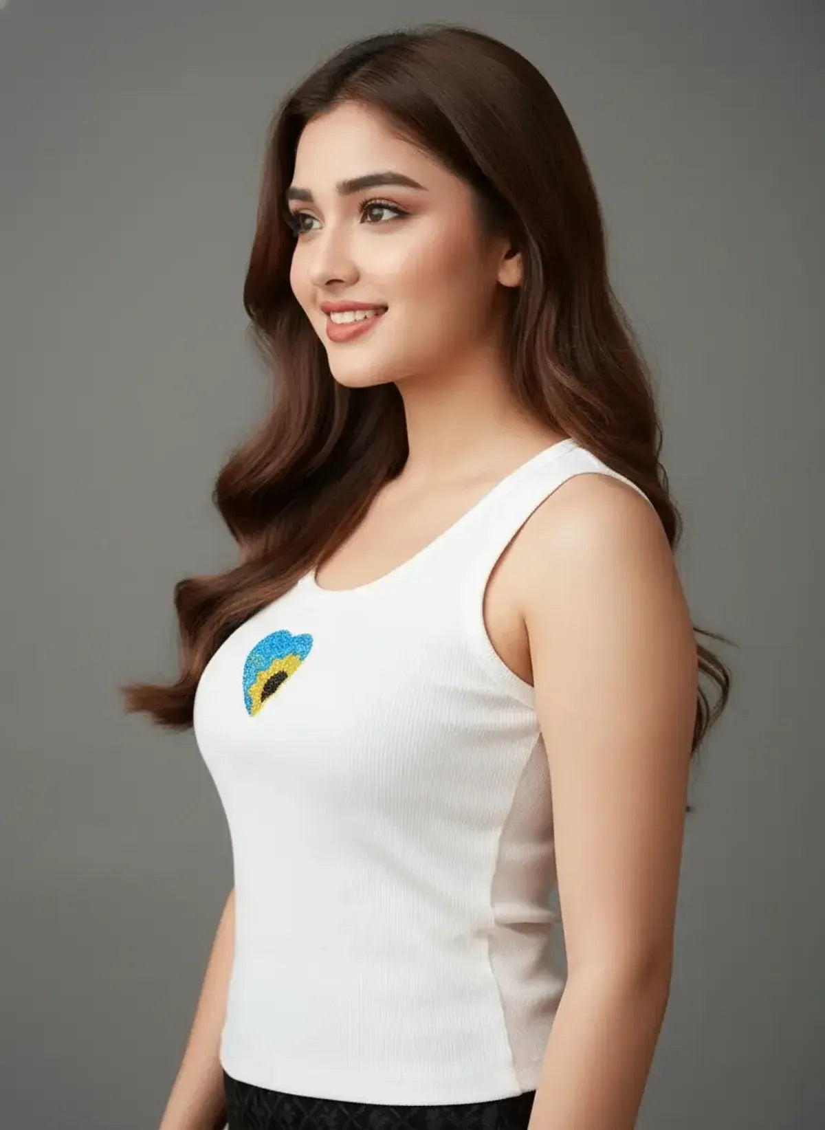 Women's White Rib Tank with Sunflower Heart Beadwork